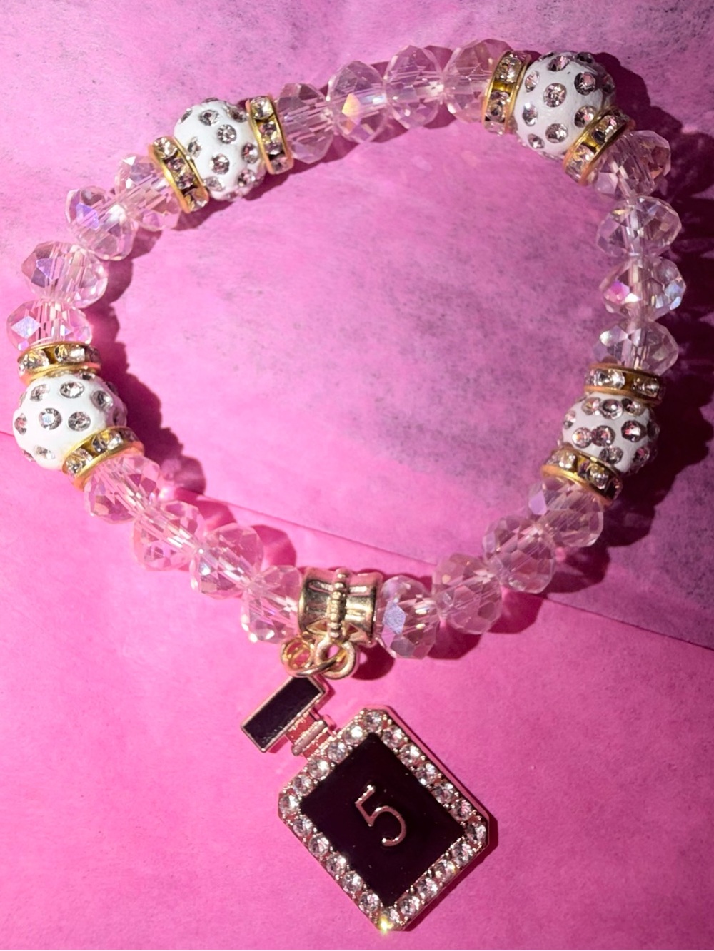 Crystal Bead Bracelet with Black Perfume Bottle Charm